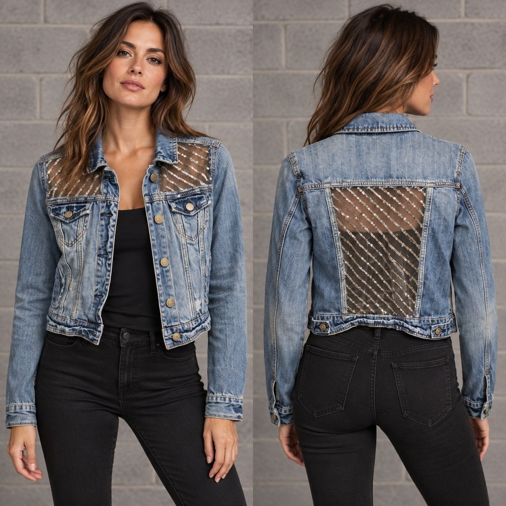Upcycled S Denim Jacket Sheer Sequin Panels Glam Rock Grunge Festival